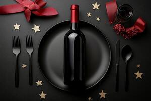 Elegant table setting for a festive dinner with wine, decorations, and holiday accents photo