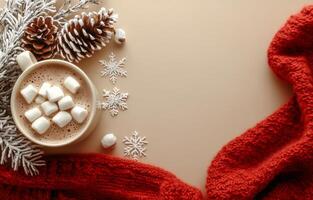 Warm cozy drink with marshmallows and holiday decorations on a beige background photo