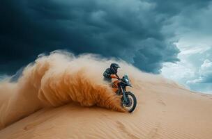 Adventurous rider conquering sandy dunes under an ominous sky near the ocean photo