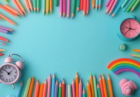 Colorful arrangement of pencils and clock on a turquoise background for creative projects photo