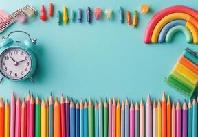 Colorful arrangement of pencils and clock on a turquoise background for creative projects photo
