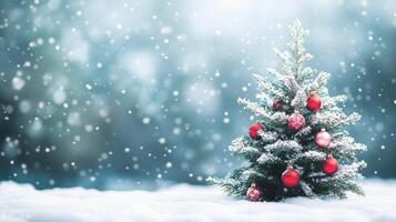Festive winter scene with snowy decorations and pine cones under soft falling snow photo