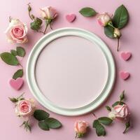 A decorative white frame surrounded by pink roses and heart shaped decorations on a pink backdrop photo