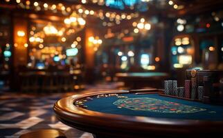 Elegant casino interior featuring a roulette table and vibrant decor in a lively atmosphere photo