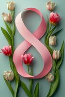Decorative pink ribbon shaped as number eight surrounded by fresh tulips on soft blue background photo