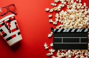 Enjoying a movie night at home with popcorn, glasses, and a clapperboard on a vibrant red table photo