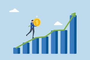 Investment graph, The businessman with confidence holds a large dollar coin while ascending a growing financial chart. vector