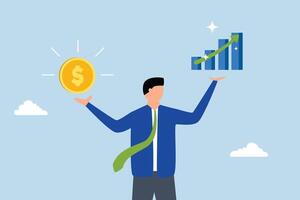 Value stock vs growth stock, A businessman is evaluating the difference between value and growth stocks that he holds. vector