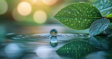 Dewdrops on vibrant green leaves with soft bokeh background in early morning light photo