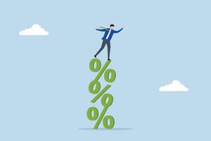 dangerous increase in interest rates is leading to a slowdown in business, businessmen balancing on a precarious stack of percentages. vector