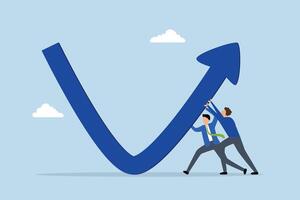 Economic recovery, Business professionals assist in elevating a descending arrow towards an upward trajectory. vector