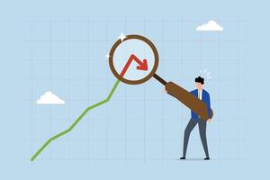 Cryptocurrency decline, Businessman analyst uses magnifying glass on pointing arrow down. vector