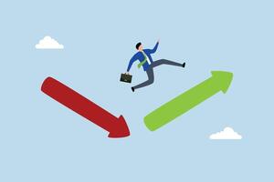 recover from crisis, A businessman investor is leaping from a red arrow to a soaring upwards arrow. vector