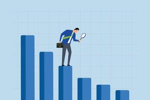Business decline, Businessman examines decreasing bar graph and chart. vector