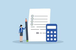 Project cost estimation, Female entrepreneur using a calculator to calculate expenses based on the project document. vector