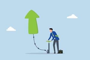 Growing business, Businessman is inflating an air pump to make a green arrow float upwards. vector