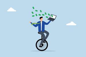 Make money online, businessman uses his expertise to ride a unicycle and make money using his computer laptop. vector