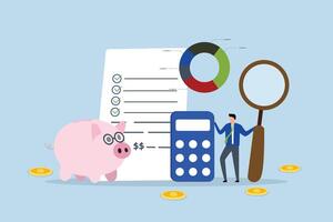 income management, Entrepreneur using magnifying glass to strategize budget calculations with a calculator and graph. vector