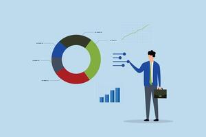 Investment portfolio adjustment, businessman fund manager adjusts his portfolio pie chart based on the concept of inflation and interest rates. vector
