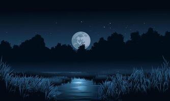 Calm night in forest with river and full moon vector
