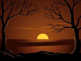 Beach sunset view with bare trees vector
