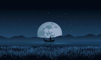 Night view in river with fisherman and full moon vector