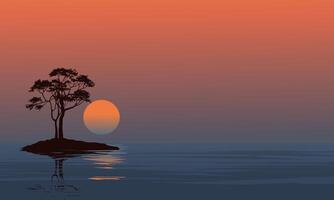 Sunset background with lake and a tree vector