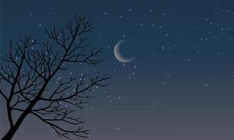 Starry sky background with tree silhouette and crescent moon vector