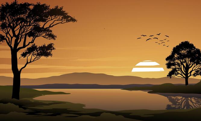 Sunset nature background with trees and river