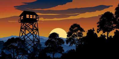Beautiful sunset in forest with a tower vector