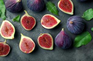 Fresh figs and green leaves arranged on a dark surface, creating a vibrant natural display photo