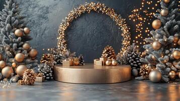 Elegant festive decor with a golden stage and Christmas trees adorned with ornaments photo