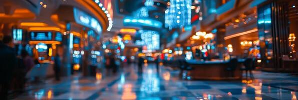 A vibrant casino interior with bright lights and bustling activity during the evening hours photo