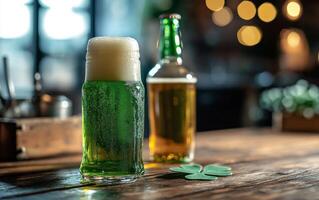 A refreshing green beverage sits on a wooden table with shamrock decorations in a festive setting photo
