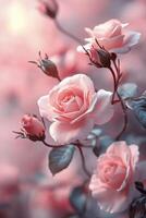 Elegant pink rose close up against a soft pink background showcasing delicate petals and leaves photo