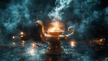 A mystical lamp emitting smoke in a dimly lit ancient setting at night photo