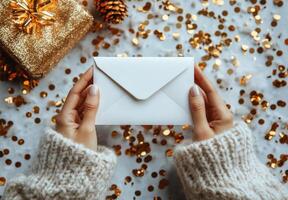 Celebratory moment with an envelope surrounded by golden confetti during a festive occasion photo