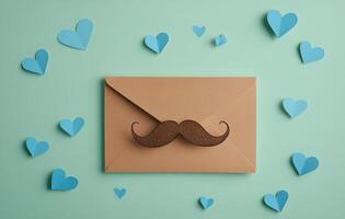 Blue envelope with mustache design surrounded by heart shapes in a creative arrangement photo