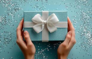 A person holds a beautifully wrapped gift with a ribbon against a sparkling blue background photo