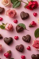 Delicate roses and assorted chocolates create a romantic display on a pink background photo