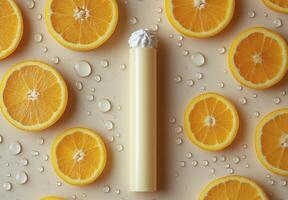 Fresh oranges and creamy treat with water droplets on a light background during daylight photo