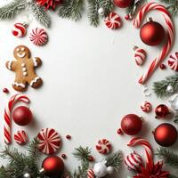 Festive holiday arrangement with gingerbread, ornaments, and candy canes on a white background photo