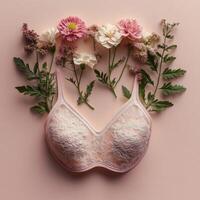 Pink lingerie adorned with colorful flowers against a soft pastel background photo