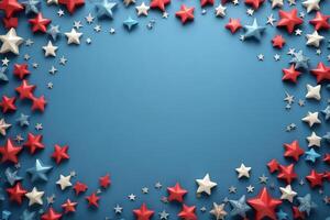 Decorative stars in red, white, and blue arranged on a blue background for a festive celebration photo
