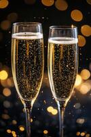 Two champagne flutes filled with bubbly drink on reflective surface with sparkling background photo