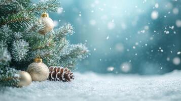 Festive winter scene with snowy decorations and pine cones under soft falling snow photo