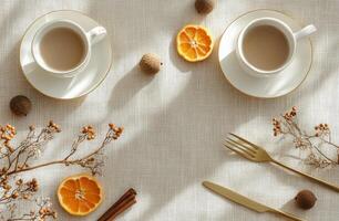 Elegant tea setting with two cups and fresh citrus on a textured tablecloth in natural light photo