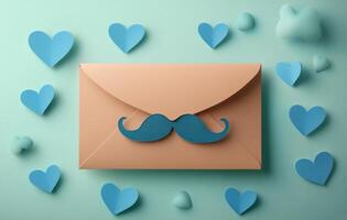 Blue envelope with mustache design surrounded by heart shapes in a creative arrangement photo