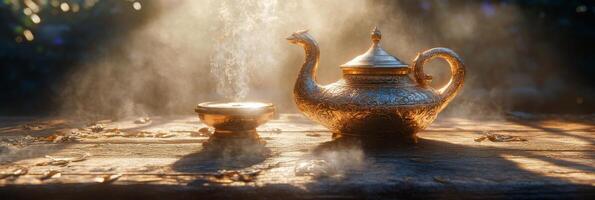 Glimmering antique teapot on a wooden table illuminated by soft rays of morning light photo