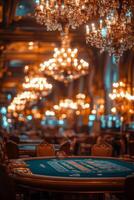 Luxurious indoor casino with crystal chandeliers and elegant decor in the evening photo
